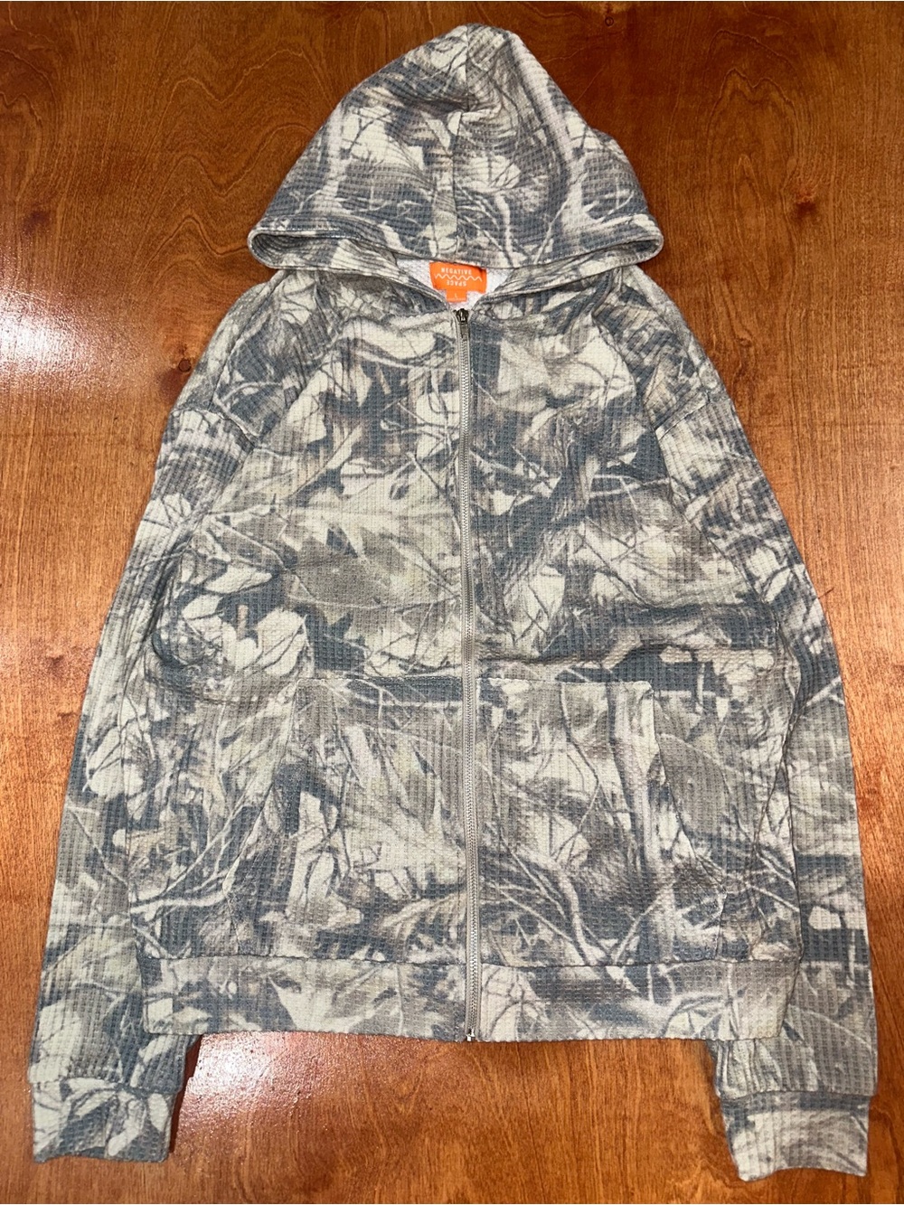 Negative Spaces Leaf Camo Print Waffle Knot Zip Up Jacket
